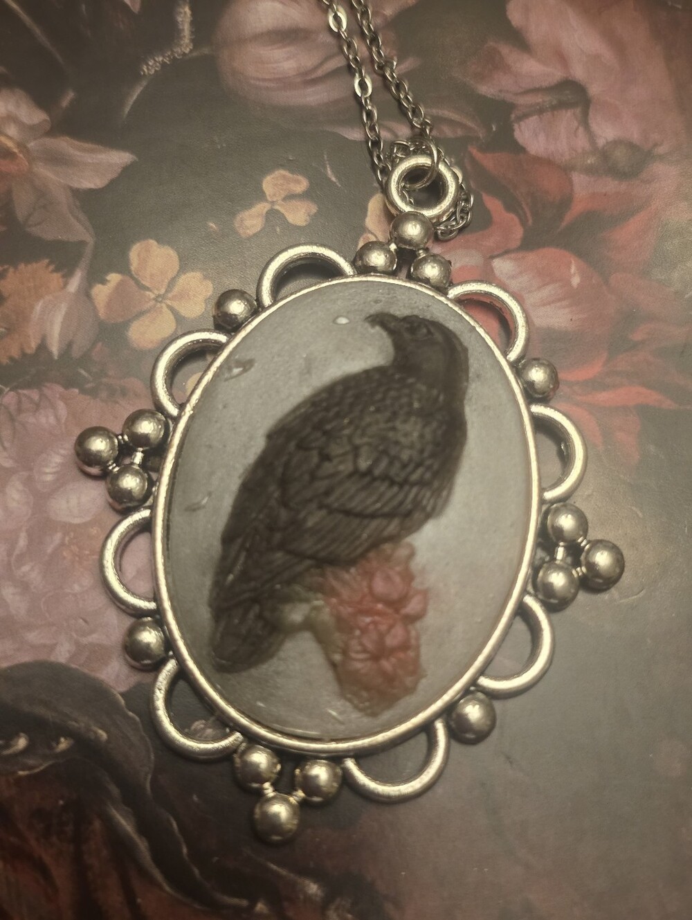 Black Crow With Red Rose In A Silver Tone Frame On Stainless Steel Silver Chain
